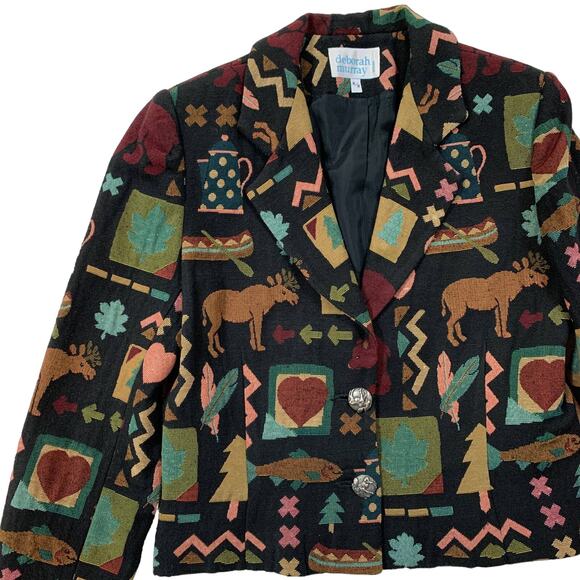 Vintage Deborah Murray Tapestry Jacket Moose Fish Hearts Northwest Size M - Picture 1 of 7